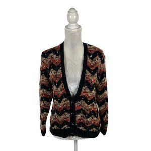 Lise J Vintage Cardigan Sweater Chenille Boucle Chevron Pattern Texture Button S